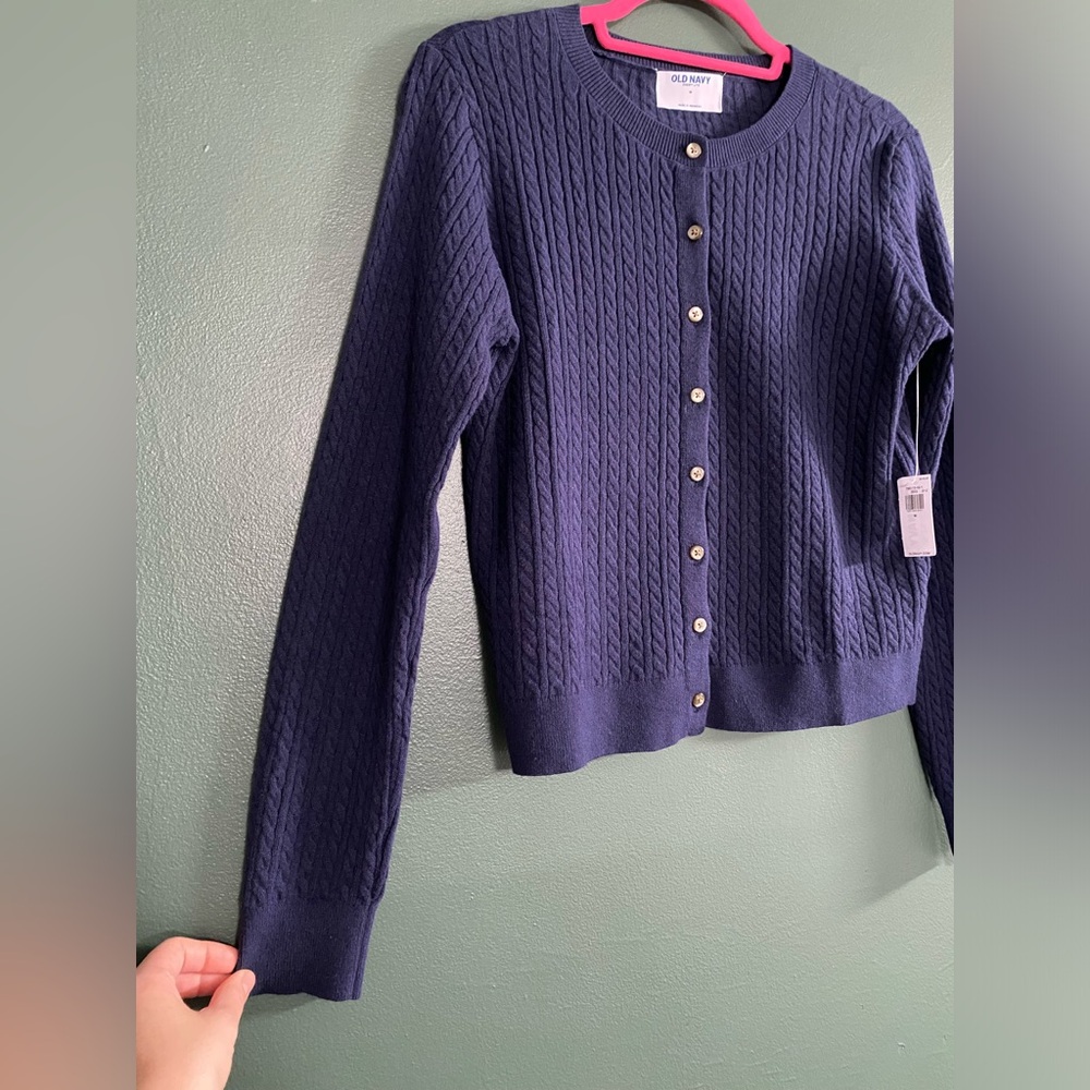 NWT cable knit cardigan Old Navy SoSoft Dark Blue Sweater braided twist cropped - Picture 3 of 14